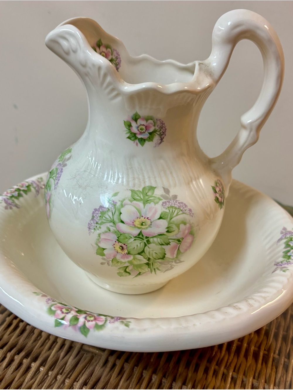 Vintage Floral Ceramic Pitcher and Basin Set